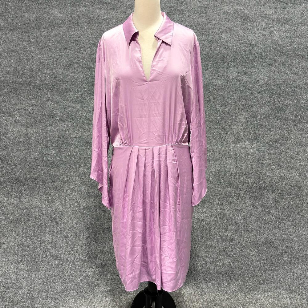 Boston Proper Dress Womens XL Dusty Pink Satin Bell Sleeve Shirt Pleated A Line